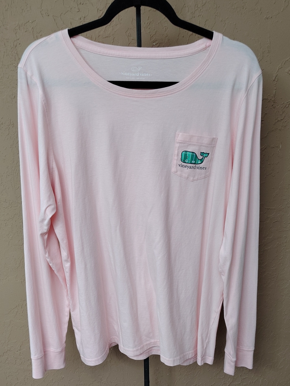 Vineyard Vines Light Pink Long-Sleeve Pocket Tee Football Grid Whale Logo XL